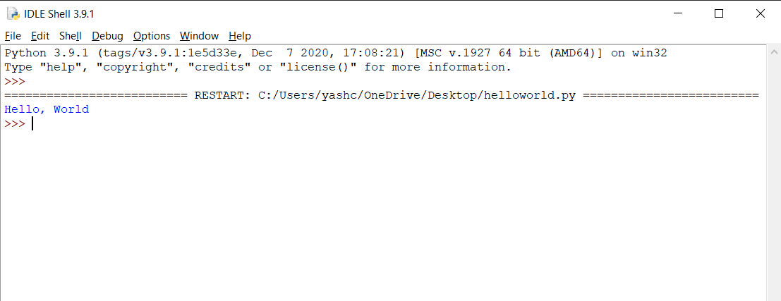 Вывод программы Hello, World в консоли IDLE