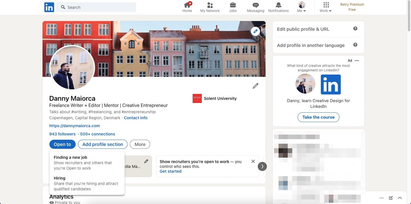 Скриншот функции Открыт к предложениям на LinkedIn