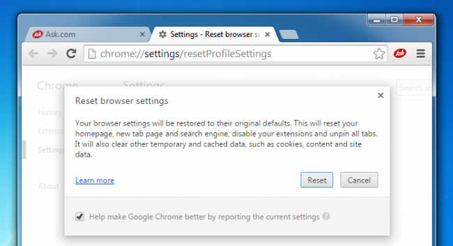 Окно сброса настроек Chrome после обнаружения нежелательных программ
