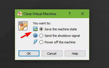 Скриншот: меню закрытия виртуальной машины с опцией Сохранить состояние машины