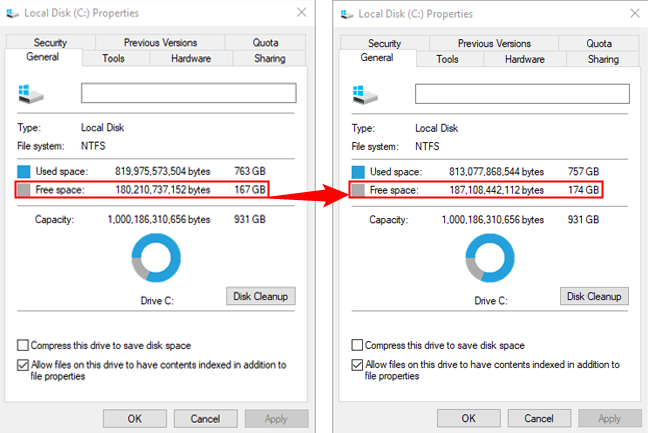 Окна свойств показывают использование пространства на диске C: до и после переноса резервных копий.