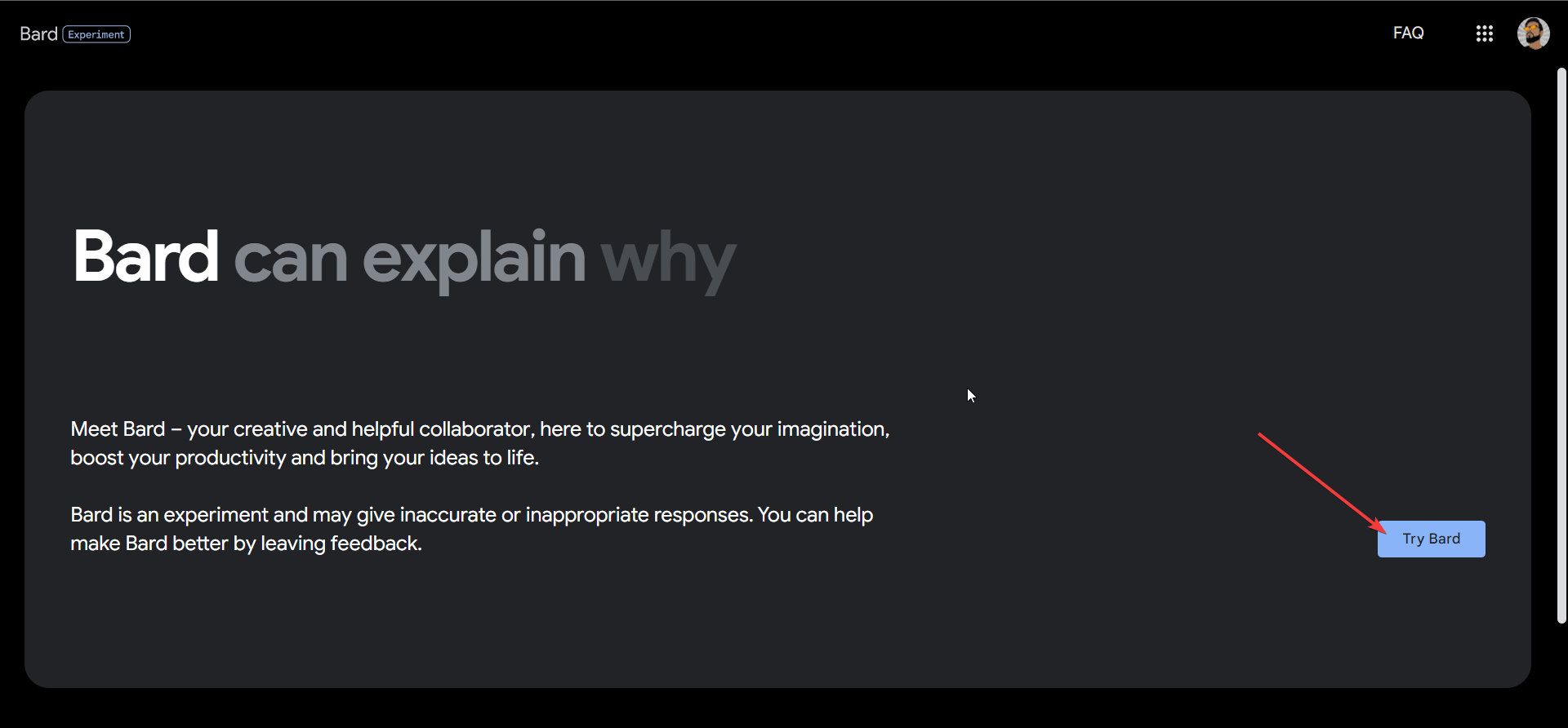 Кнопка Try Bard в правом нижнем углу сайта
