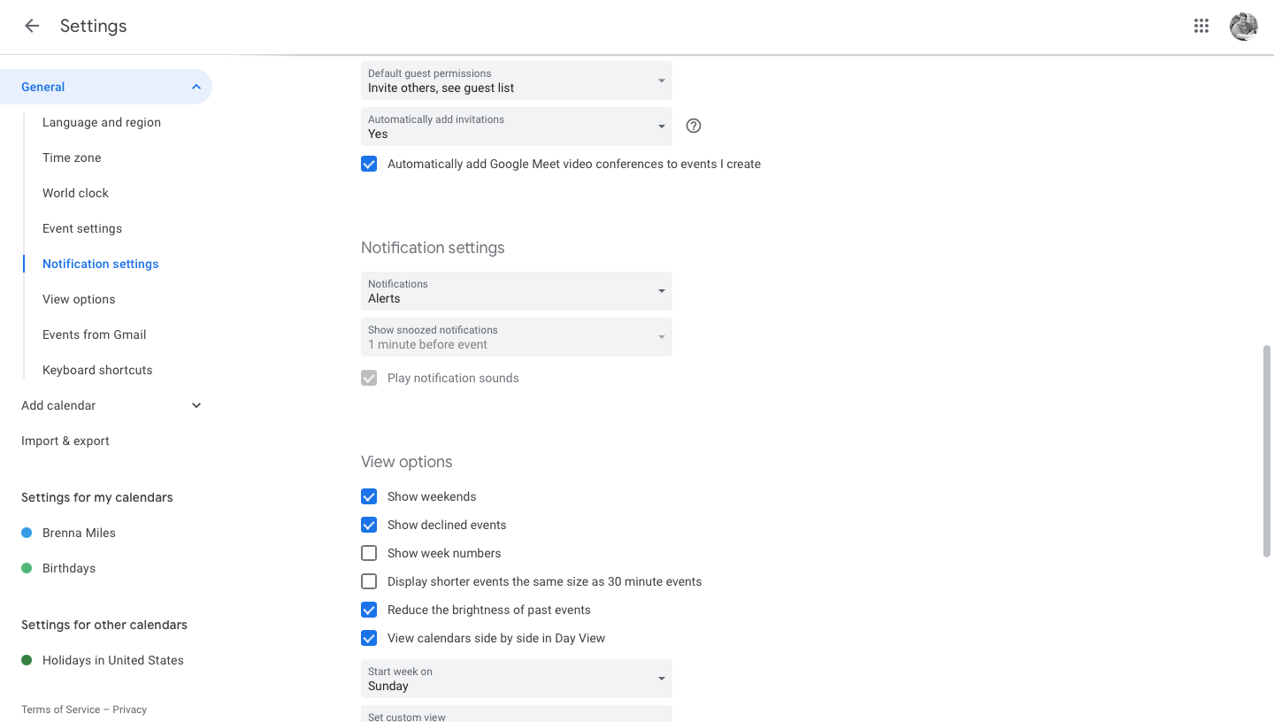 Настройки уведомлений в Google Календаре