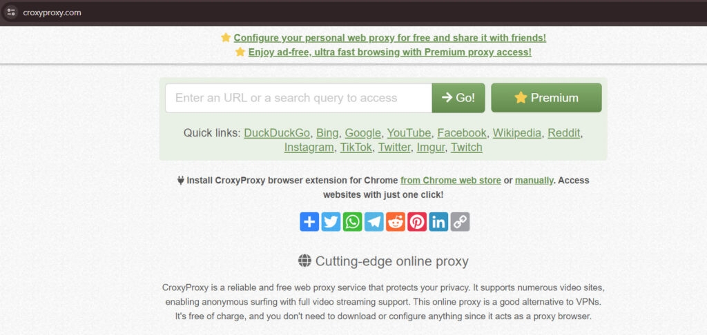 Скриншот: пример ввода URL YouTube на странице CroxyProxy