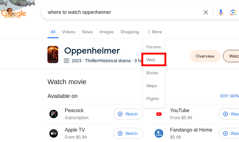 Нажмите 'More', затем 'Web', чтобы открыть фильтр «Веб» в Google Search.