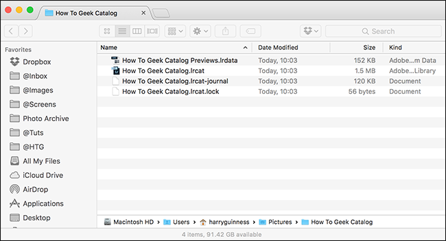 Папка каталога Lightroom в проводнике с файлами .lrcat и превью