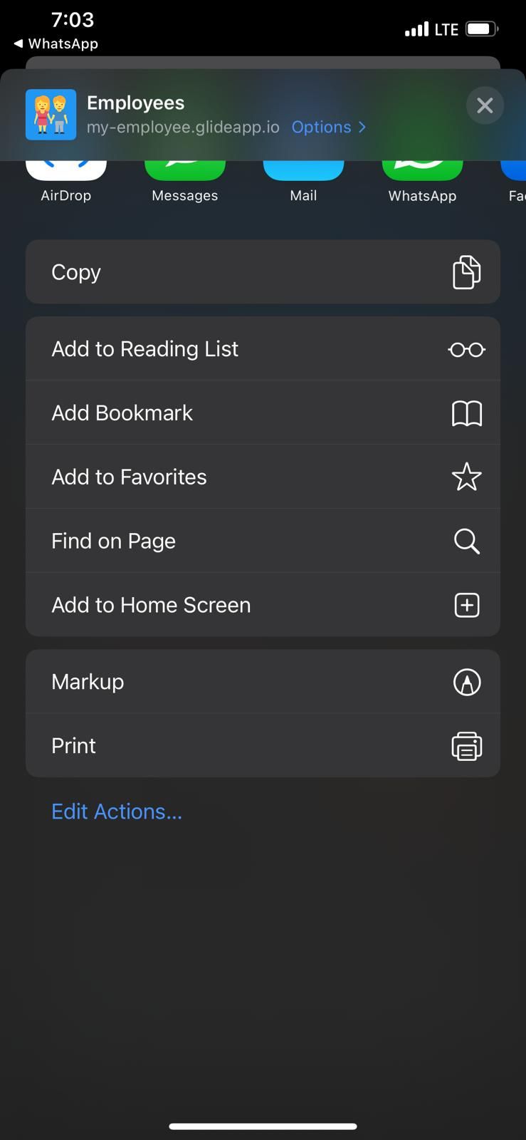 Safari browser Share options