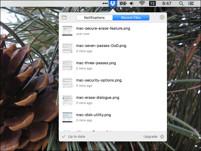 Всплывающее окно Dropbox в строке меню macOS