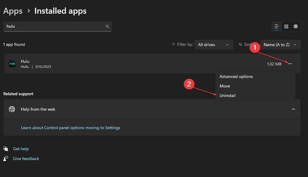 Процесс удаления приложения Hulu в Windows