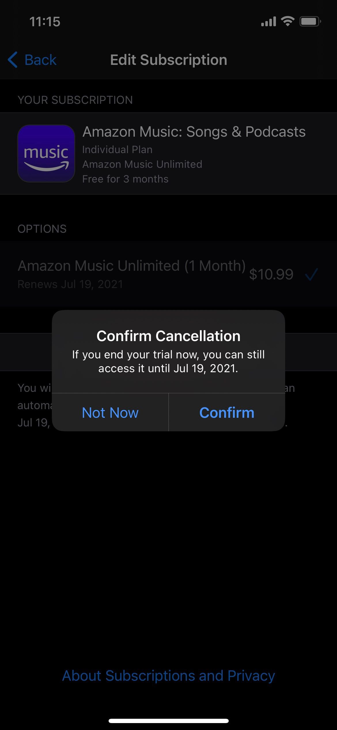 Подтверждение отмены на iPhone для Amazon Music
