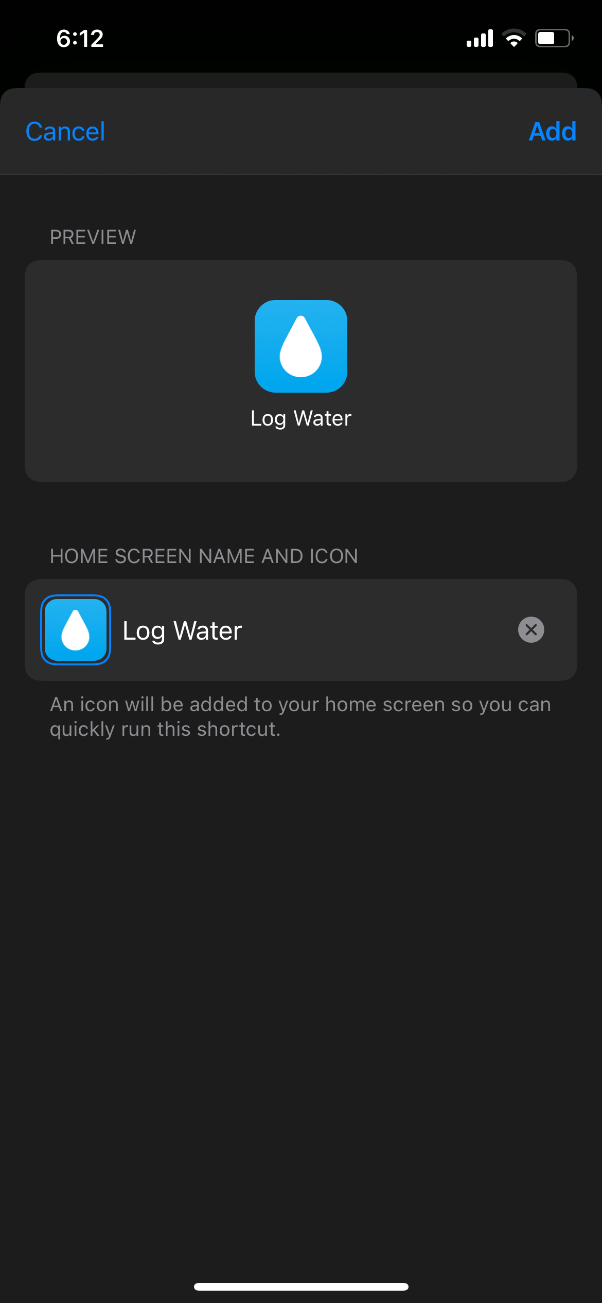 Добавление Log Water на экран Домой — выбор иконки