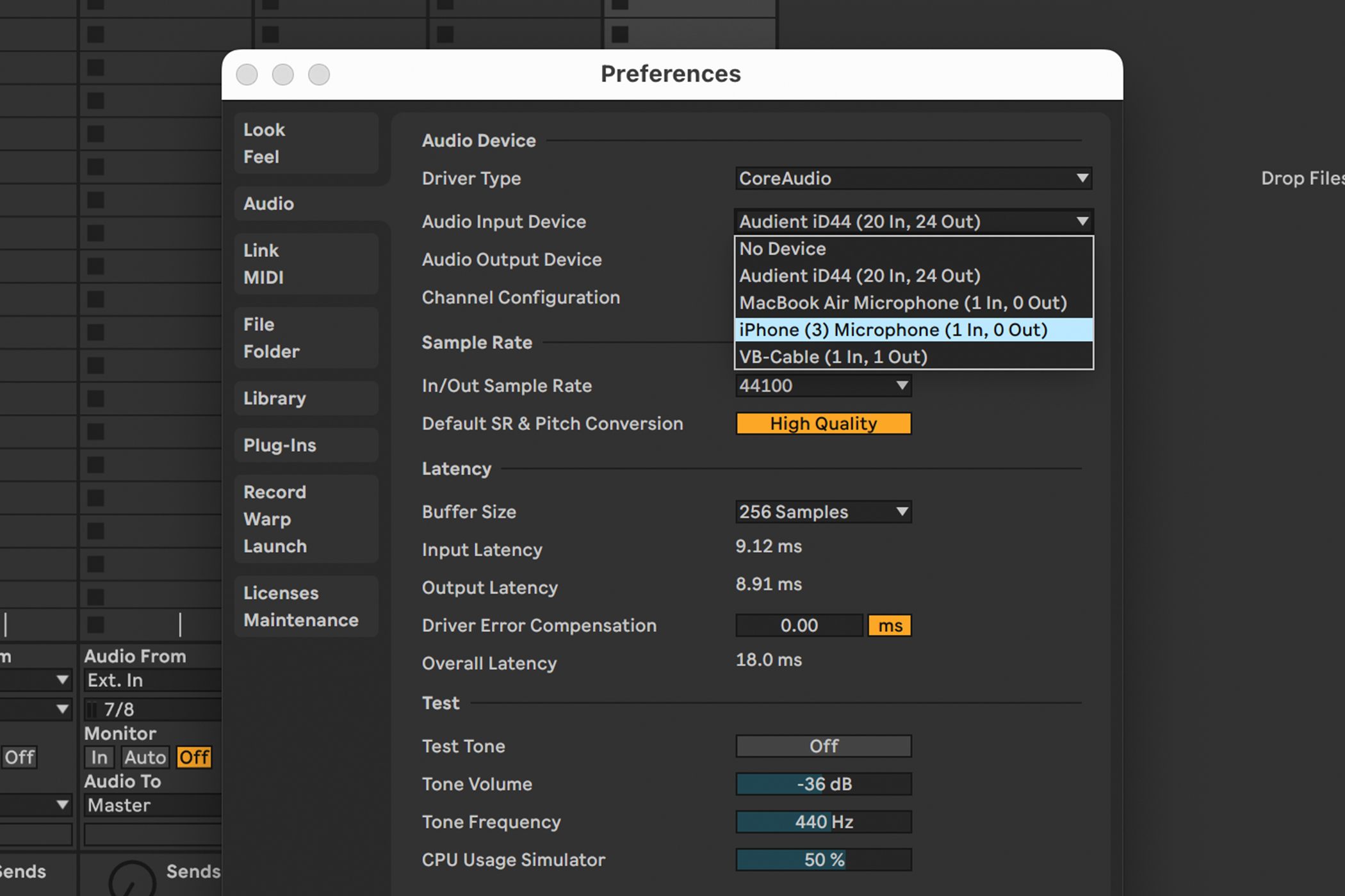 Выбор iPhone как входа в Ableton Live.