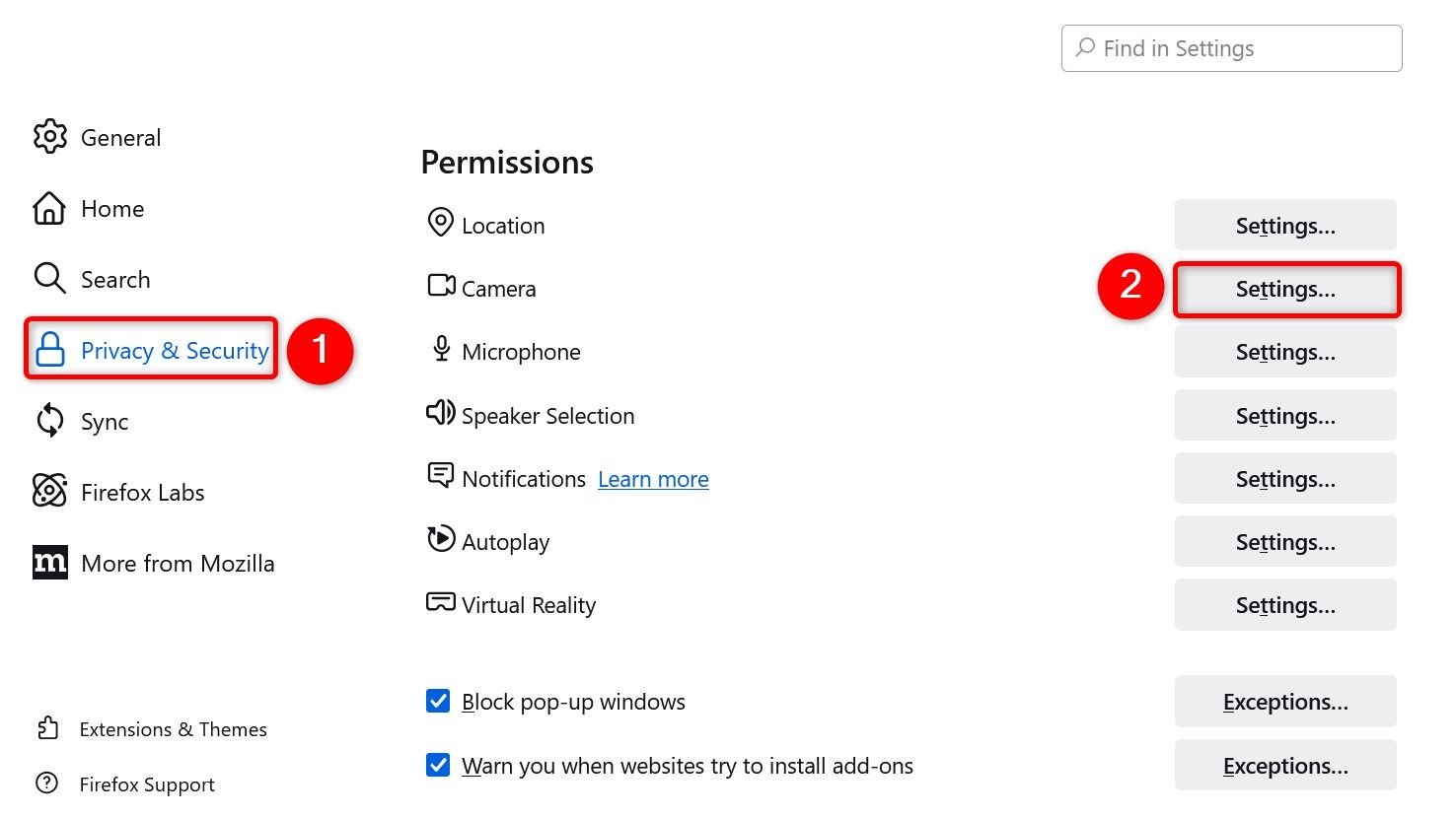 Выделены «Конфиденциальность и безопасность» и «Настройки» в Firefox