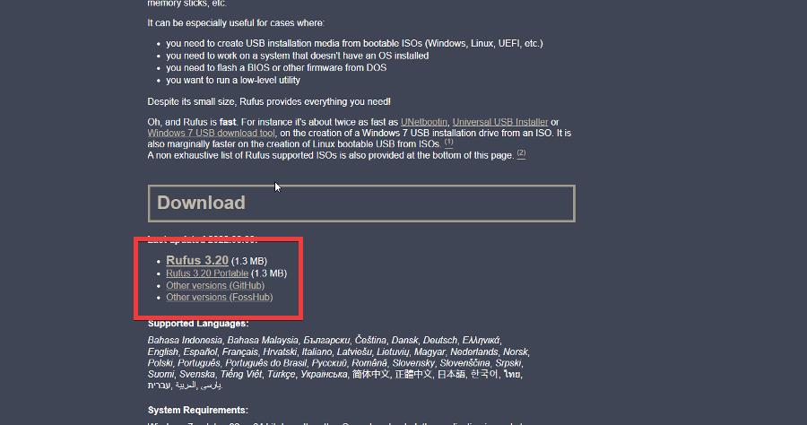 Страница загрузки Rufus