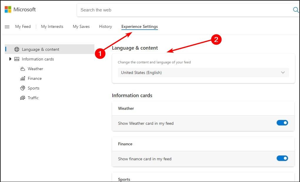 Вкладка Параметры опыта на сайте Microsoft