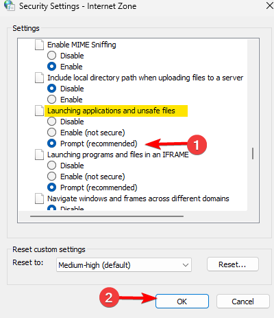 Параметр Запуск приложений и небезопасных файлов — значение Запрашивать