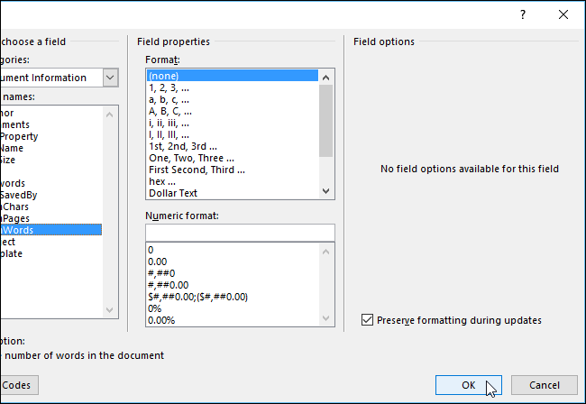 Нажмите ОК, чтобы вставить поле