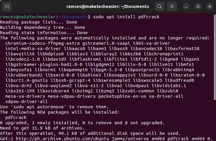 Установка pdfcrack в терминале