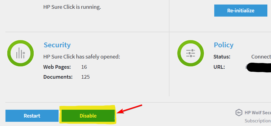 Окно десктопной консоли HP Wolf Security с кнопкой Disable