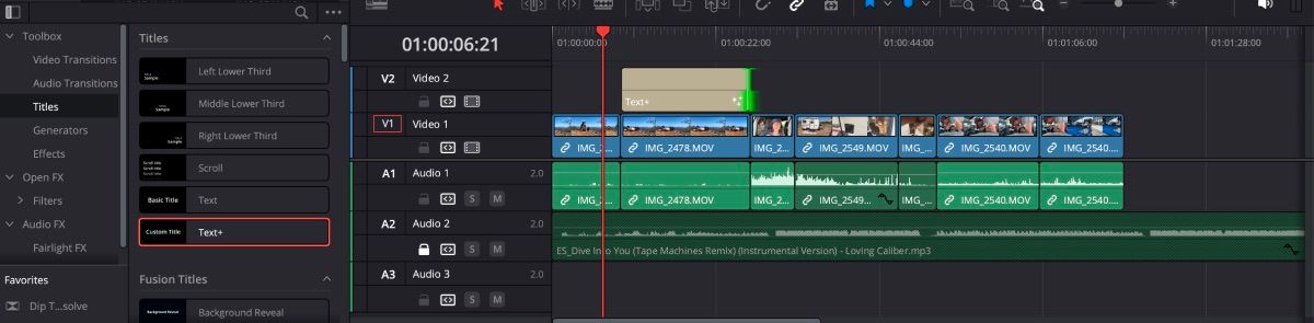 Эффект Text+ добавлен на таймлайн DaVinci Resolve