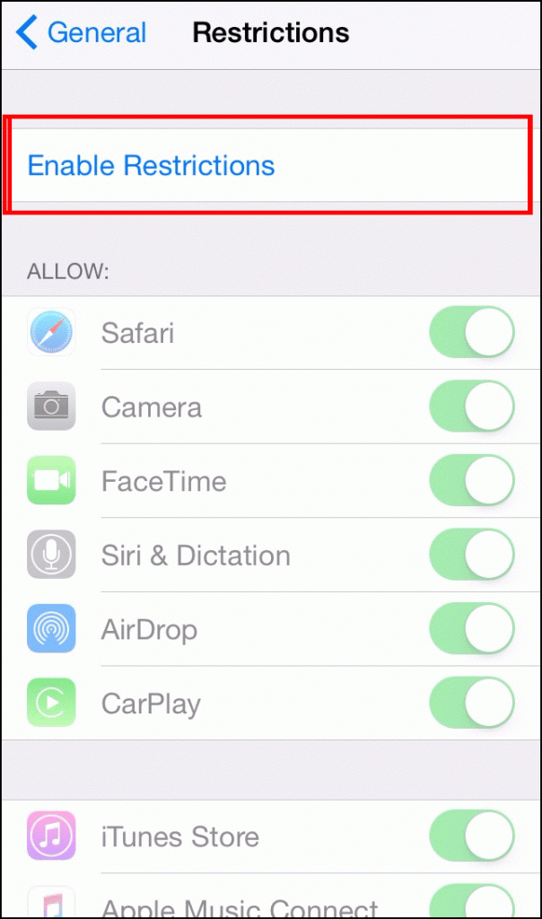 Экран Ограничений: список опций