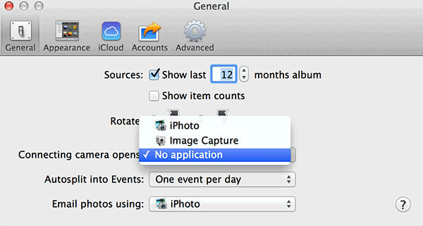 Выбор «Нет приложения» в настройках iPhoto