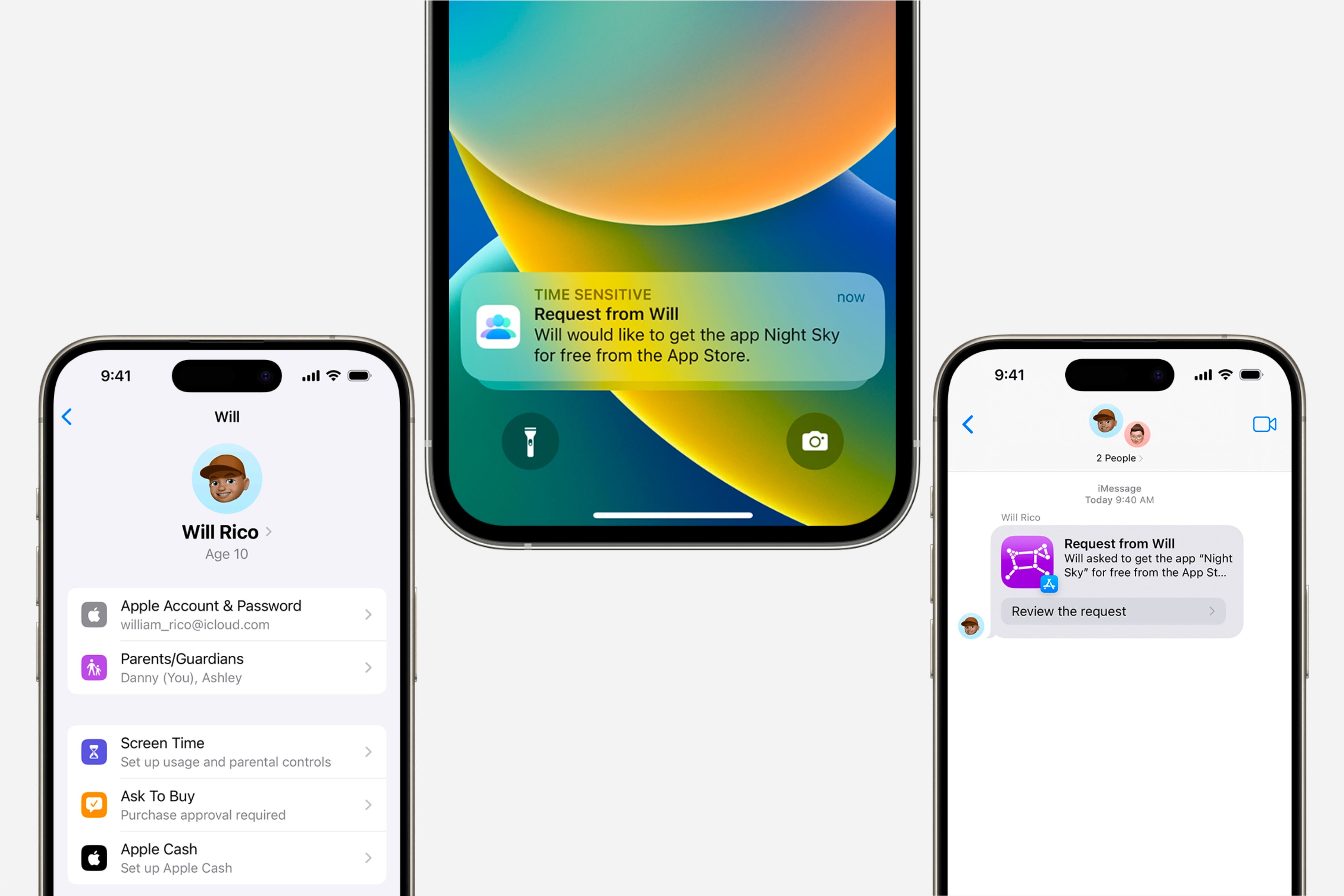 Экран с настройками «Запрос на покупку» на трёх iPhone.