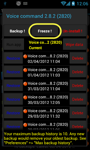 Кнопка Freeze в Titanium Backup