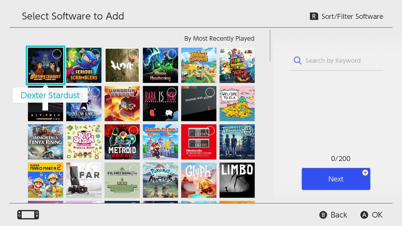 Экран выбора ПО на Nintendo Switch для добавления в группу