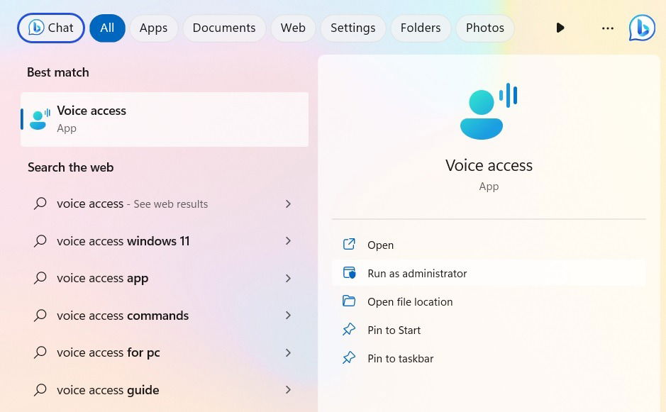 Поиск приложения Voice Access в строке поиска Windows 11