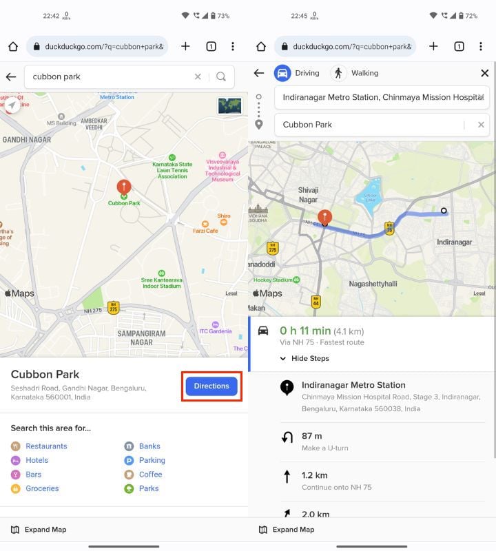 Показ маршрутов в Apple Maps через DuckDuckGo