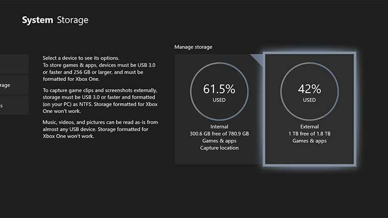 Скриншот меню хранения данных на Xbox