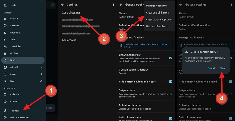 очистить историю поиска gmail на android