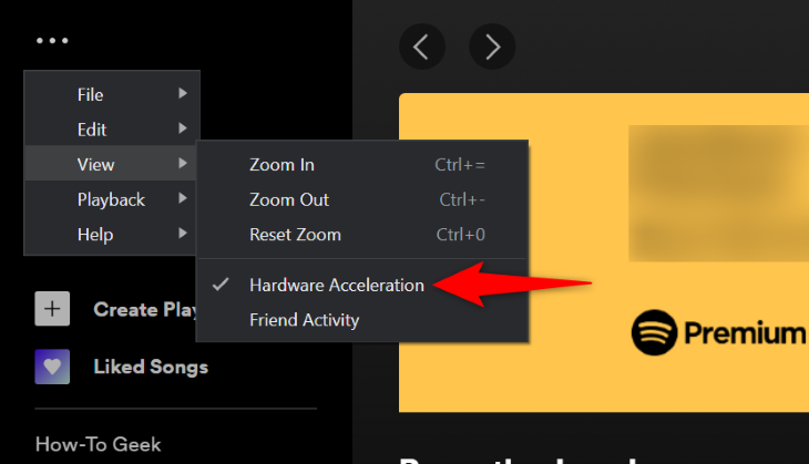 Кликните View > Hardware Acceleration в меню Spotify на Windows