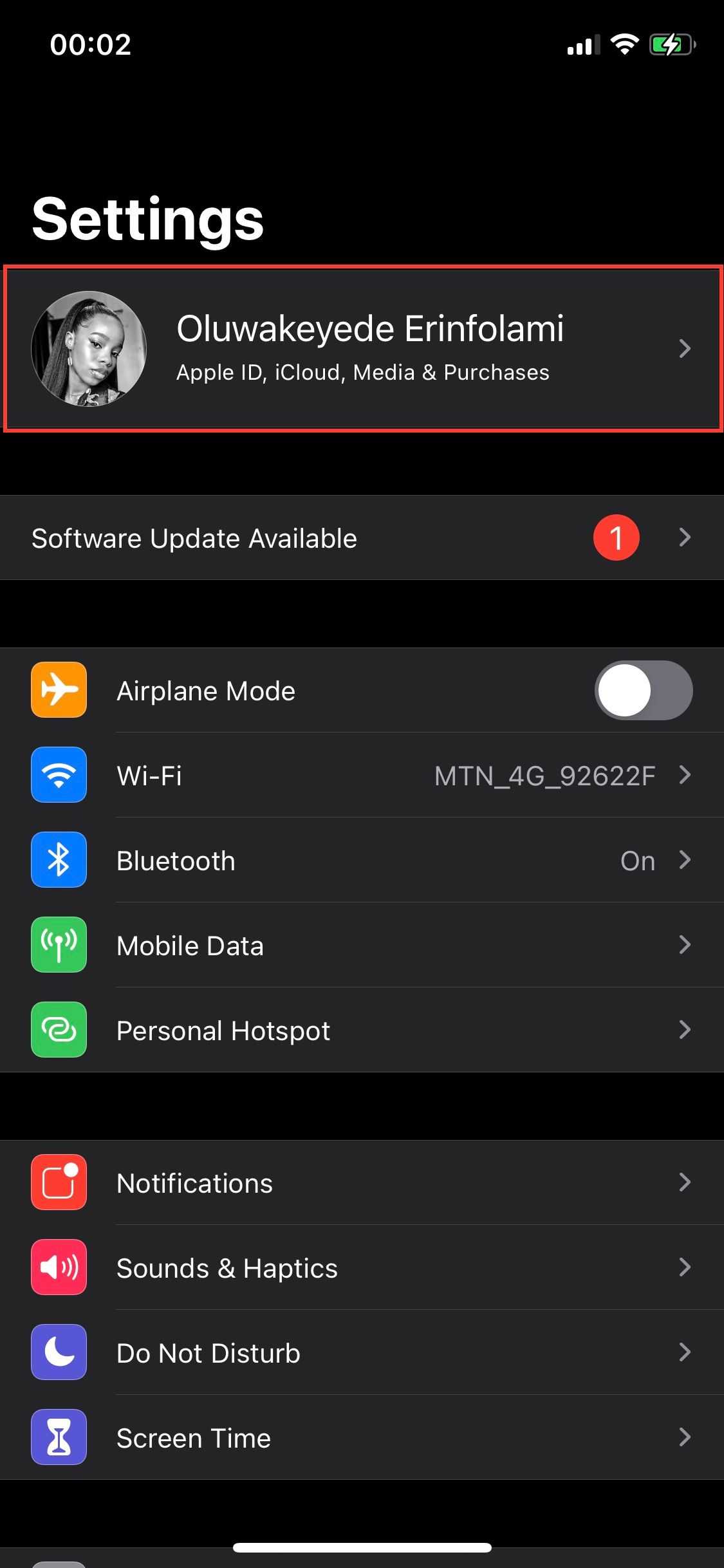Настройки iPhone экран профиля Apple ID