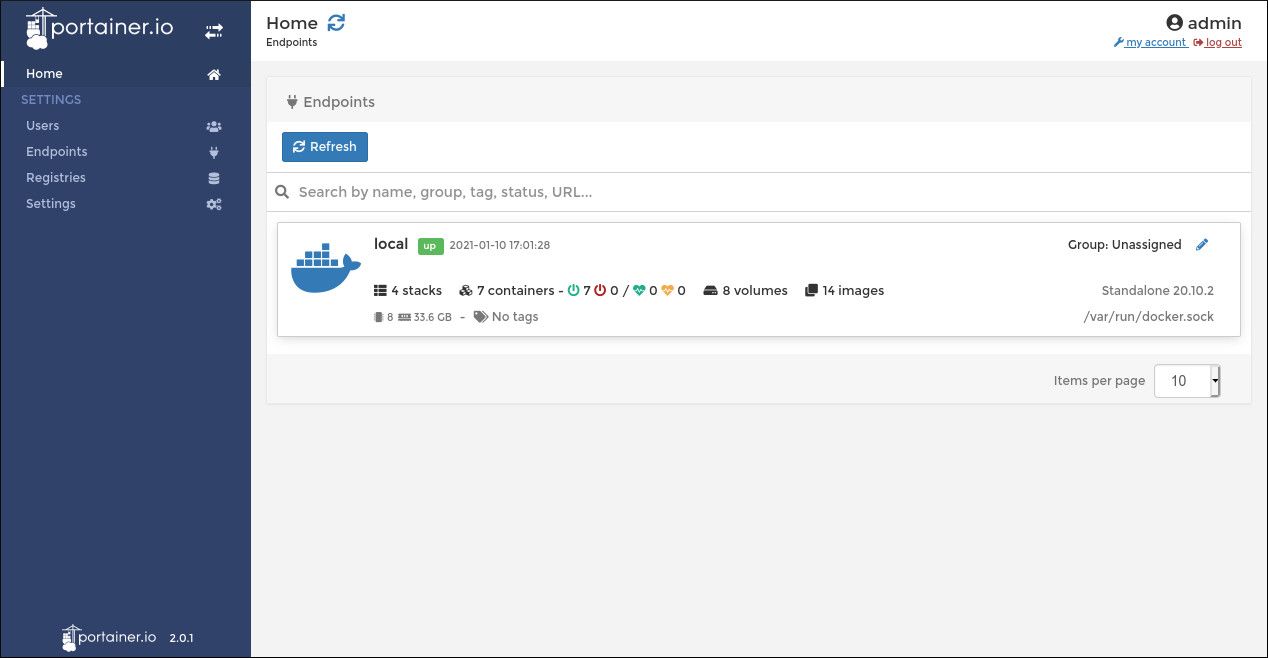 Панель endpoints Portainer