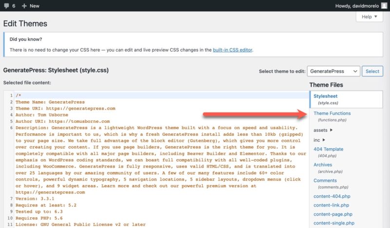 Файл Theme Functions (functions.php) выбран в редакторе тем