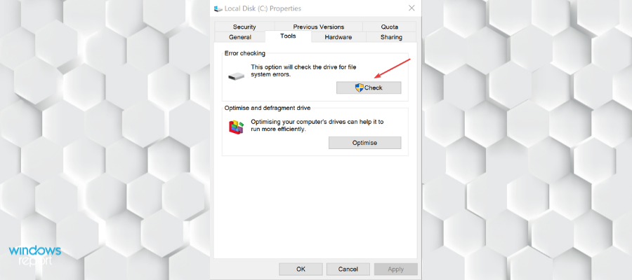 Инструмент проверки ошибок диска в свойствах Windows