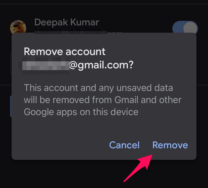 Подтвердить удаление аккаунта из приложения Gmail