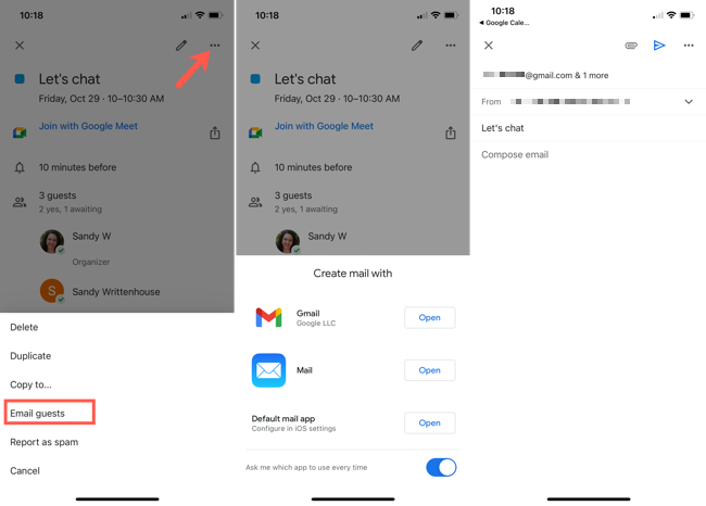 Интерфейс отправки письма гостям в Google Календаре на iPhone