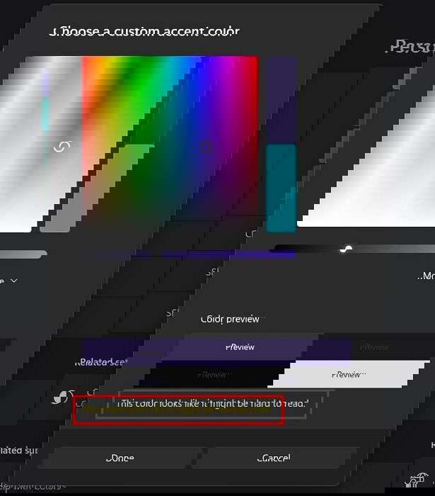 Выбор пользовательского акцентного цвета в настройках персонализации Windows.