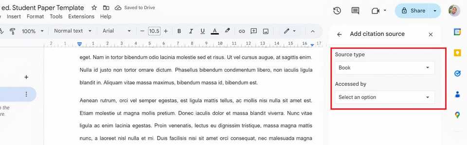 Форма добавления источника в панели Citations.
