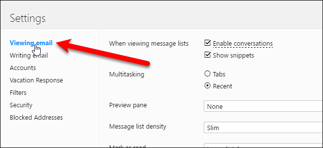 Выбор Viewing email в списке настроек