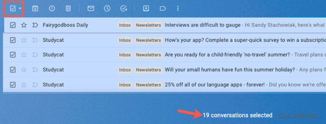 Все письма выбраны в Gmail