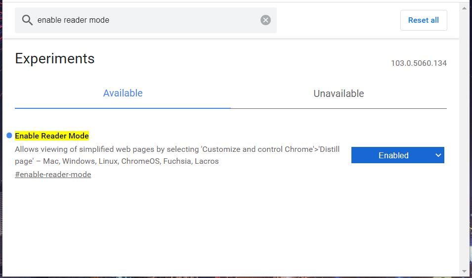 Опция Enable Reader Mode в списке экспериментов