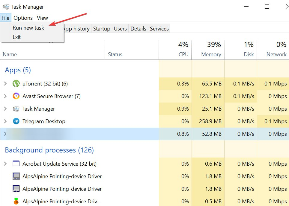 Меню Файл в Диспетчере задач — Запустить новую задачу