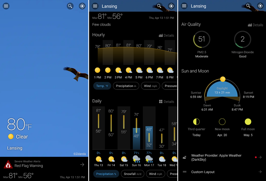 Главный экран Weawow с большим фоновым фото, соответствующим погоде.