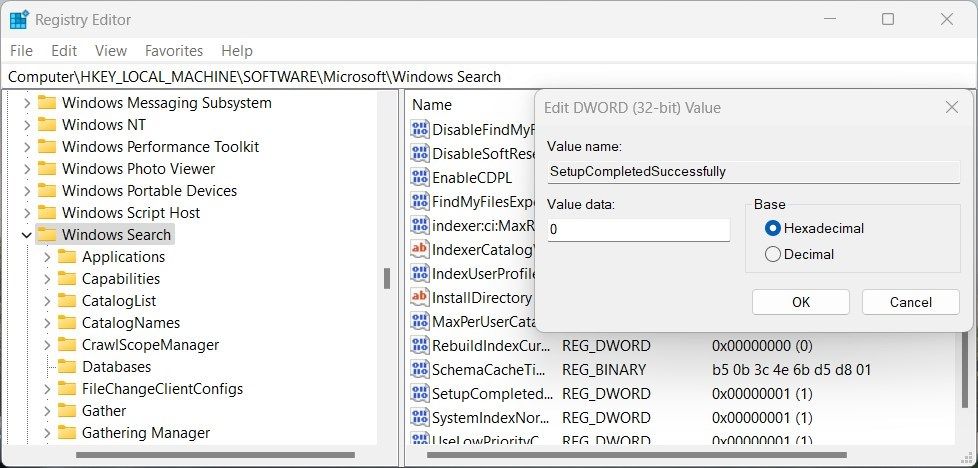 Сброс настроек поиска Windows — интерфейс Редактора реестра