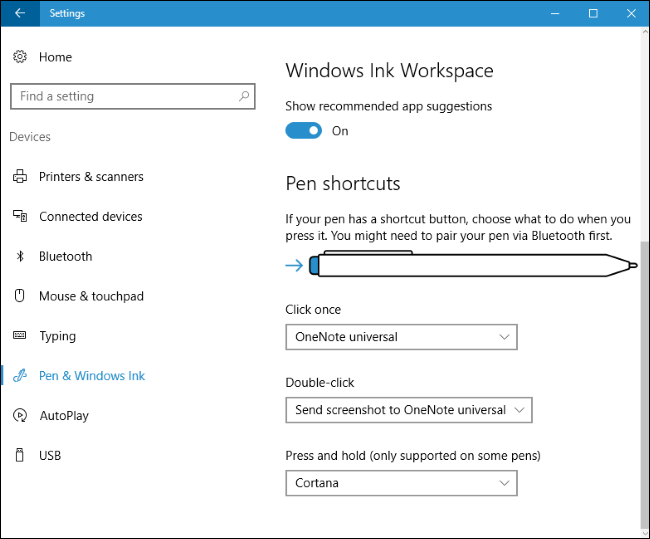 Параметры назначения действия для кнопки пера в Windows 10