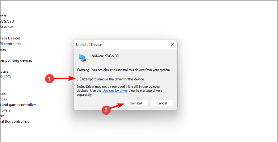 Подтверждение удаления драйвера — флажок 'Попытаться удалить драйвер для этого устройства'